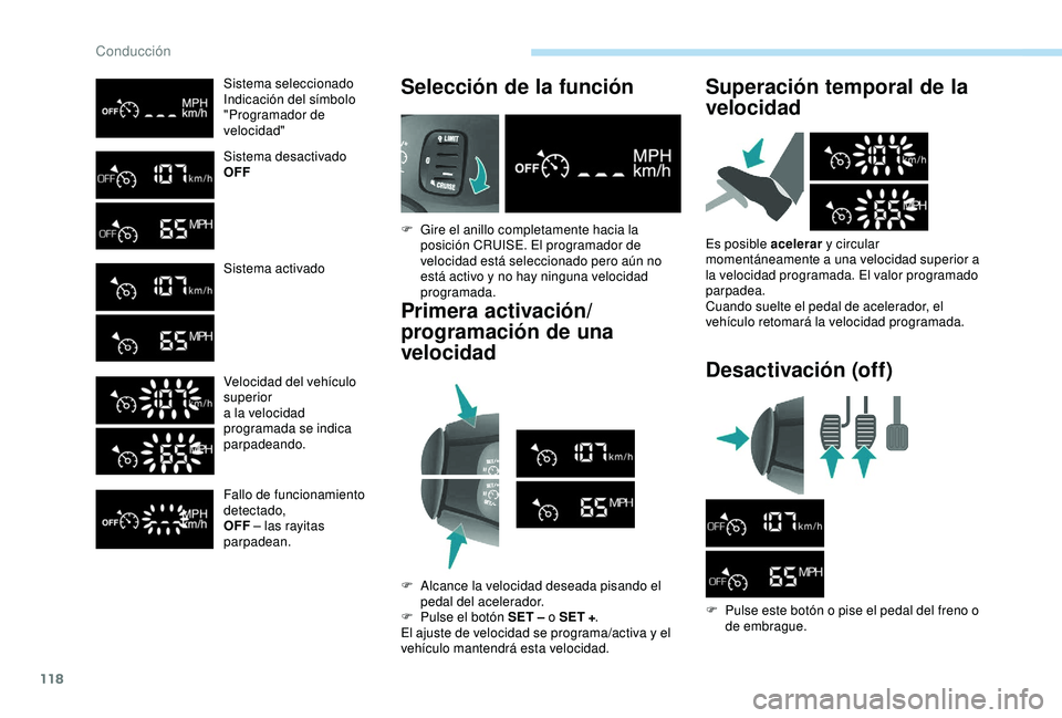 PEUGEOT PARTNER TEPEE ELECTRIC 2017 Manual del propietario (in Spanish) 118
Sistema seleccionado
Indicación del símbolo
"Programador de
velocidad"
Sistema desactivado
OFF
Sistema activado
Velocidad del vehículo
superior
a la velocidad
programada se indica
PEUGEOT PARTNER TEPEE ELECTRIC 2017 Manual del propietario (in Spanish) 118
Sistema seleccionado
Indicación del símbolo
"Programador de
velocidad"
Sistema desactivado
OFF
Sistema activado
Velocidad del vehículo
superior
a la velocidad
programada se indica