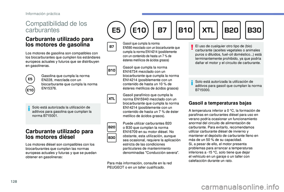 PEUGEOT PARTNER TEPEE ELECTRIC 2017 Manual del propietario (in Spanish) 128
Compatibilidad de los
carburantes
Carburante utilizado para
los motores de gasolina
Los motores de gasolina son compatibles con
los biocarburantes que cumplen los estándares
europeos actuale PEUGEOT PARTNER TEPEE ELECTRIC 2017 Manual del propietario (in Spanish) 128
Compatibilidad de los
carburantes
Carburante utilizado para
los motores de gasolina
Los motores de gasolina son compatibles con
los biocarburantes que cumplen los estándares
europeos actuale