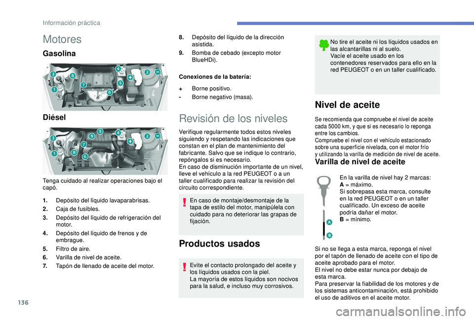 PEUGEOT PARTNER TEPEE ELECTRIC 2017  Manual del propietario (in Spanish) 136
Motores
Gasolina
Diésel
Tenga cuidado al realizar operaciones bajo el 
capó.8.
Depósito del líquido de la dirección 
asistida.
9. Bomba de cebado (excepto motor 
BlueHDi).
Conexiones de la ba