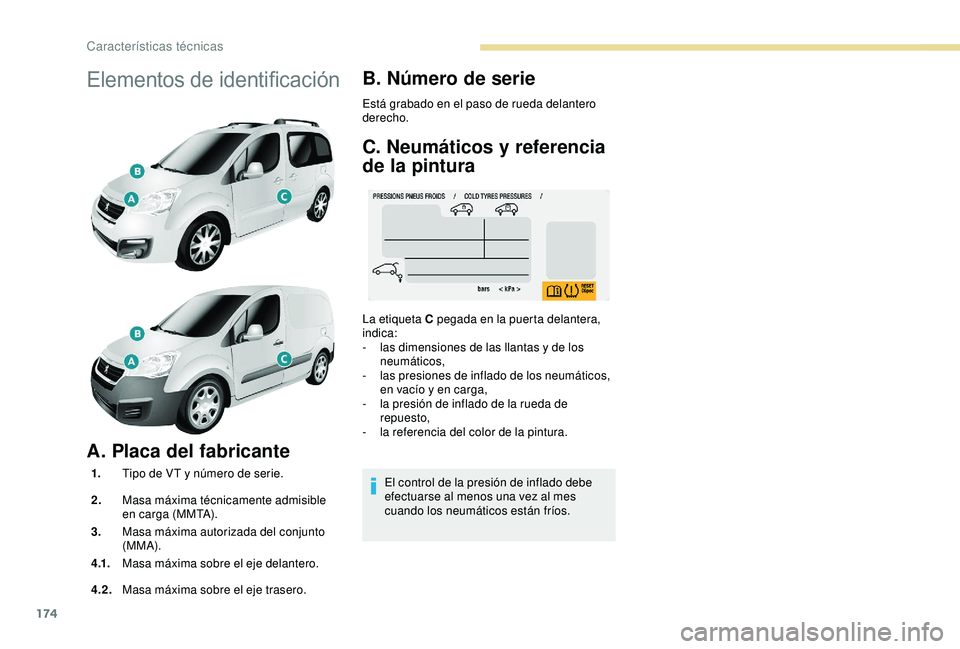 PEUGEOT PARTNER TEPEE ELECTRIC 2017 Manual del propietario (in Spanish) 174
Elementos de identificación
A. Placa del fabricante
1.Tipo de VT y número de serie.
2. Masa máxima técnicamente admisible
en carga (MMTA).
3. Masa máxima autorizada del conjunto
(MMA).
4 .1 PEUGEOT PARTNER TEPEE ELECTRIC 2017 Manual del propietario (in Spanish) 174
Elementos de identificación
A. Placa del fabricante
1.Tipo de VT y número de serie.
2. Masa máxima técnicamente admisible
en carga (MMTA).
3. Masa máxima autorizada del conjunto
(MMA).
4 .1