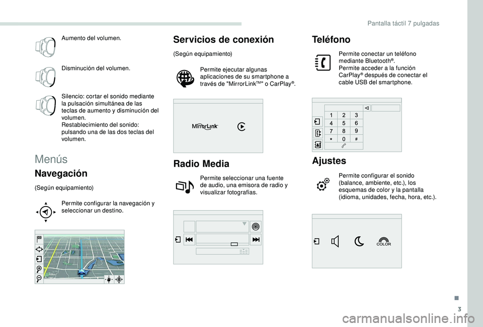 PEUGEOT PARTNER TEPEE ELECTRIC 2017 Manual del propietario (in Spanish) 3
Aumento del volumen.
Disminución del volumen.
Silencio: cortar el sonido mediante
la pulsación simultánea de las
teclas de aumento y disminución del
volumen.
Restablecimiento del sonido:
pul PEUGEOT PARTNER TEPEE ELECTRIC 2017 Manual del propietario (in Spanish) 3
Aumento del volumen.
Disminución del volumen.
Silencio: cortar el sonido mediante
la pulsación simultánea de las
teclas de aumento y disminución del
volumen.
Restablecimiento del sonido:
pul