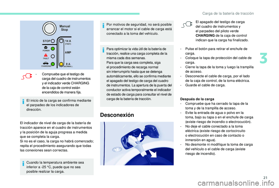 PEUGEOT PARTNER TEPEE ELECTRIC 2017  Manual del propietario (in Spanish) 21
- Compruebe que el testigo de carga del cuadro de instrumentos 
y el indicador verde CHARGING 
de la caja de control están 
encendidos de manera fija.
El inicio de la carga se confirma mediante 
e