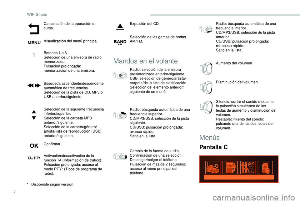 PEUGEOT PARTNER TEPEE ELECTRIC 2017 Manual del propietario (in Spanish) 2
Cancelación de la operación en
curso.
Visualización del menú principal.
Botones 1 a 6
Selección de una emisora de radio
memorizada.
Pulsación prolongada:
memorización de una emisora.
Búsq PEUGEOT PARTNER TEPEE ELECTRIC 2017 Manual del propietario (in Spanish) 2
Cancelación de la operación en
curso.
Visualización del menú principal.
Botones 1 a 6
Selección de una emisora de radio
memorizada.
Pulsación prolongada:
memorización de una emisora.
Búsq