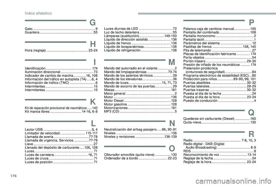 PEUGEOT PARTNER TEPEE ELECTRIC 2017 Manual del propietario (in Spanish) 176
GGato ................................................................... 9
Guantera ............... .......................................... 55
HHora (reglaje) ................................. PEUGEOT PARTNER TEPEE ELECTRIC 2017 Manual del propietario (in Spanish) 176
GGato ................................................................... 9
Guantera ............... .......................................... 55
HHora (reglaje) .................................