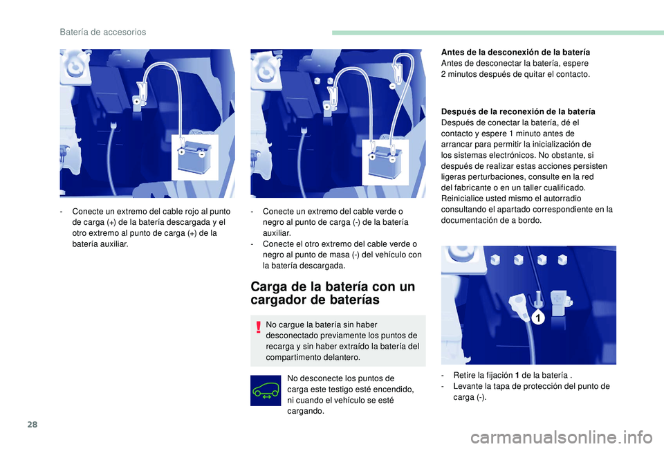 PEUGEOT PARTNER TEPEE ELECTRIC 2017  Manual del propietario (in Spanish) 28
Carga de la batería con un 
cargador de baterías
No cargue la batería sin haber 
desconectado previamente los puntos de 
recarga y sin haber extraído la batería del 
compartimento delantero.No