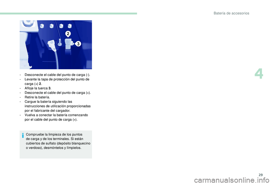 PEUGEOT PARTNER TEPEE ELECTRIC 2017  Manual del propietario (in Spanish) 29
Compruebe la limpieza de los puntos 
de carga y de los terminales. Si están 
cubiertos de sulfato (depósito blanquecino 
o verdoso), desmóntelos y límpielos.
-
 
D
 esconecte el cable del punto