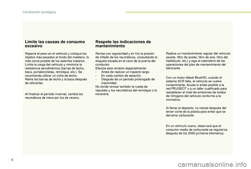 PEUGEOT PARTNER TEPEE ELECTRIC 2017  Manual del propietario (in Spanish) 6
Limite las causas de consumo 
excesivo
Reparta el peso en el vehículo y coloque los 
objetos más pesados al fondo del maletero, lo 
más cerca posible de los asientos traseros.
Limite la carga del
