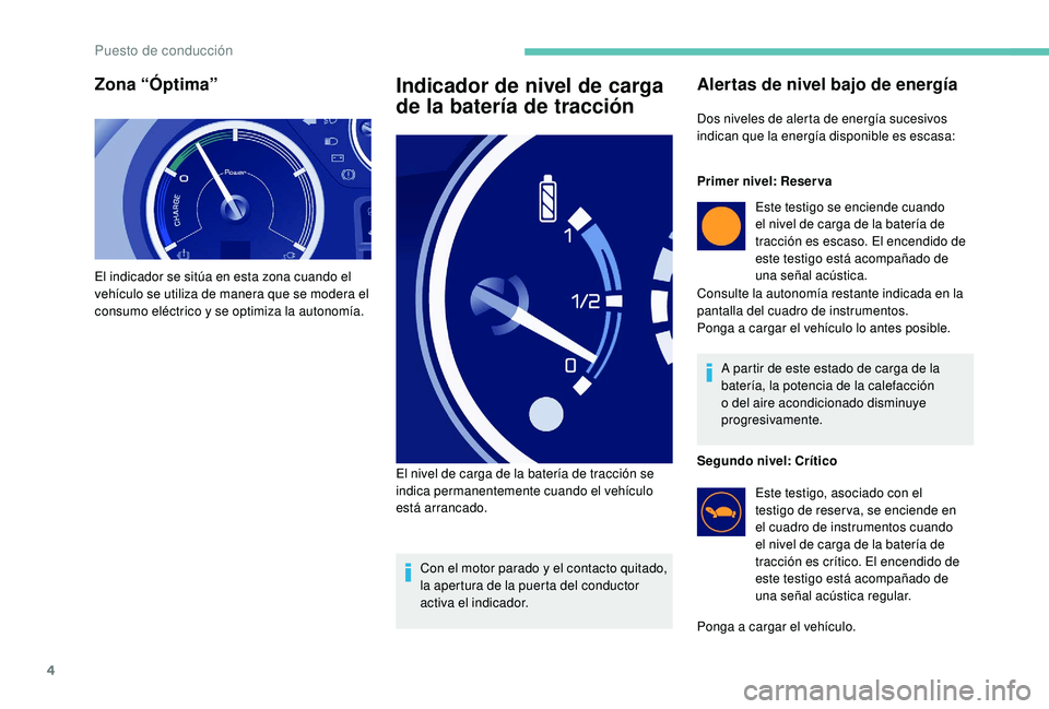 PEUGEOT PARTNER TEPEE ELECTRIC 2017  Manual del propietario (in Spanish) 4
Zona “Óptima”
El indicador se sitúa en esta zona cuando el 
vehículo se utiliza de manera que se modera el 
consumo eléctrico y se optimiza la autonomía.
Indicador de nivel de carga 
de la 