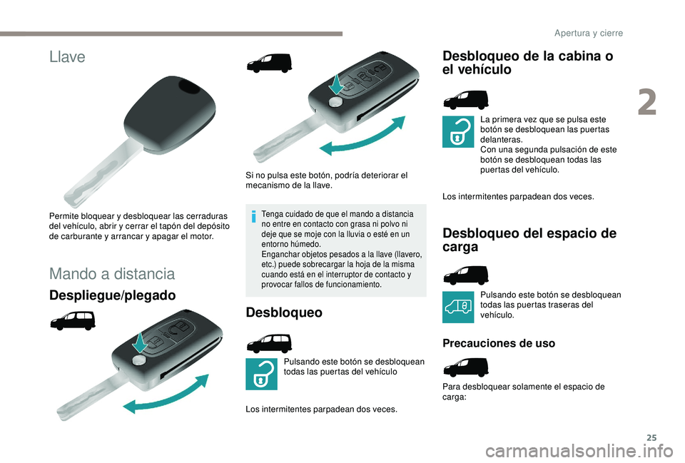 PEUGEOT PARTNER TEPEE ELECTRIC 2017 Manual del propietario (in Spanish) 25
Llave
Permite bloquear y desbloquear las cerraduras
del vehículo, abrir y cerrar el tapón del depósito
de carburante y arrancar y apagar el motor.
Mando a distancia
Despliegue/plegado
Si no p PEUGEOT PARTNER TEPEE ELECTRIC 2017 Manual del propietario (in Spanish) 25
Llave
Permite bloquear y desbloquear las cerraduras
del vehículo, abrir y cerrar el tapón del depósito
de carburante y arrancar y apagar el motor.
Mando a distancia
Despliegue/plegado
Si no p