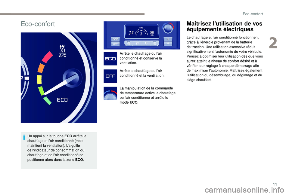 PEUGEOT PARTNER TEPEE ELECTRIC 2017  Manuel du propriétaire (in French) 11
Eco-confort
Un appui sur la touche ECO arrête le 
chauffage et l'air conditionné (mais 
maintient la ventilation). L'aiguille 
de l'indicateur de consommation du 
chauffage et de l