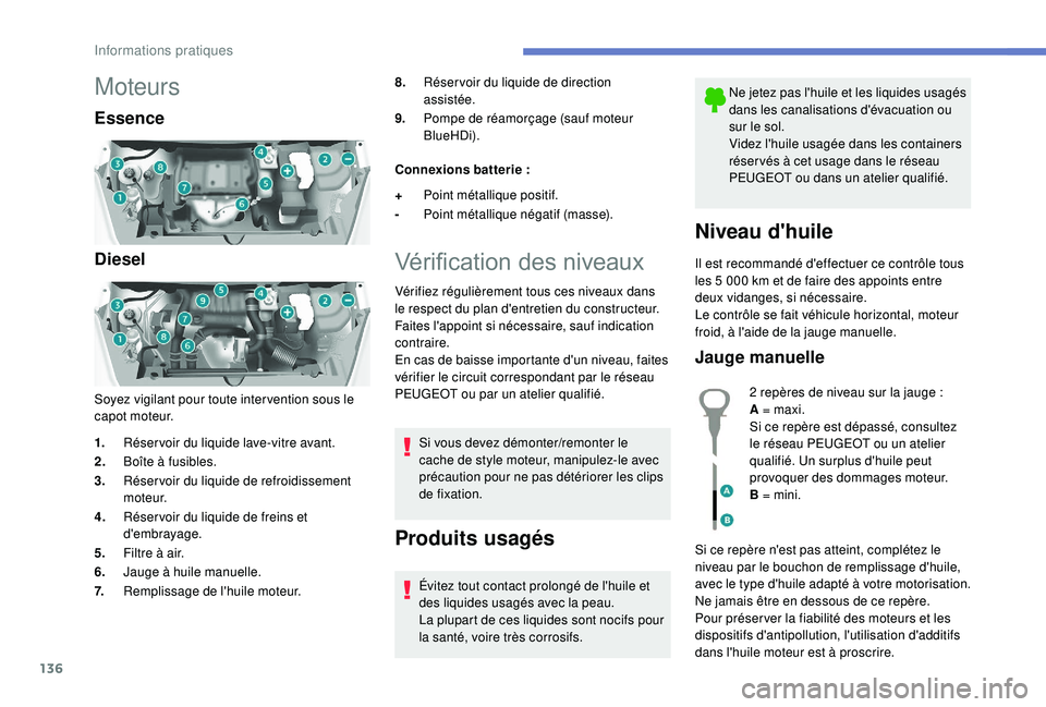 PEUGEOT PARTNER TEPEE ELECTRIC 2017 Manuel du propriétaire (in French) 136
Moteurs
Essence
Diesel
Soyez vigilant pour toute inter vention sous le
capot moteur.8.
Réser voir du liquide de direction
assistée.
9. Pompe de réamorçage (sauf moteur
BlueHDi).
Connexions PEUGEOT PARTNER TEPEE ELECTRIC 2017 Manuel du propriétaire (in French) 136
Moteurs
Essence
Diesel
Soyez vigilant pour toute inter vention sous le
capot moteur.8.
Réser voir du liquide de direction
assistée.
9. Pompe de réamorçage (sauf moteur
BlueHDi).
Connexions