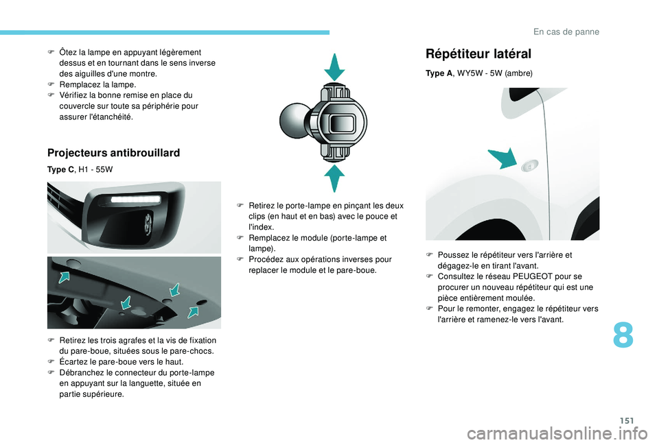 PEUGEOT PARTNER TEPEE ELECTRIC 2017 Manuel du propriétaire (in French) 151
Projecteurs antibrouillard
Ty p e C, H1 - 55W
F
R
etirez les trois agrafes et la vis de fixation
du pare-boue, situées sous le pare-chocs.
F
É
cartez le pare-boue vers le haut.
F
D
é PEUGEOT PARTNER TEPEE ELECTRIC 2017 Manuel du propriétaire (in French) 151
Projecteurs antibrouillard
Ty p e C, H1 - 55W
F
R
etirez les trois agrafes et la vis de fixation
du pare-boue, situées sous le pare-chocs.
F
É
cartez le pare-boue vers le haut.
F
D
é