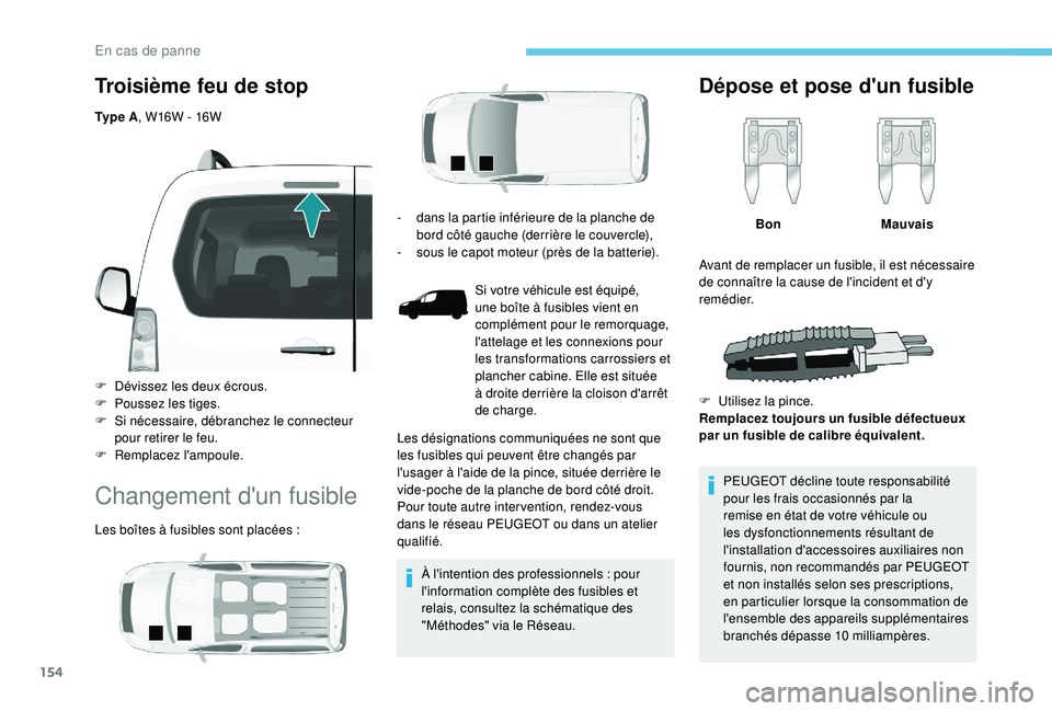 PEUGEOT PARTNER TEPEE ELECTRIC 2017 Manuel du propriétaire (in French) 154
Troisième feu de stop
Ty p e A, W16W - 16W
F
D
évissez les deux écrous.
F
P
oussez les tiges.
F
S
i nécessaire, débranchez le connecteur
pour retirer le feu.
F
Re
mplacez l' PEUGEOT PARTNER TEPEE ELECTRIC 2017 Manuel du propriétaire (in French) 154
Troisième feu de stop
Ty p e A, W16W - 16W
F
D
évissez les deux écrous.
F
P
oussez les tiges.
F
S
i nécessaire, débranchez le connecteur
pour retirer le feu.
F
Re
mplacez l'