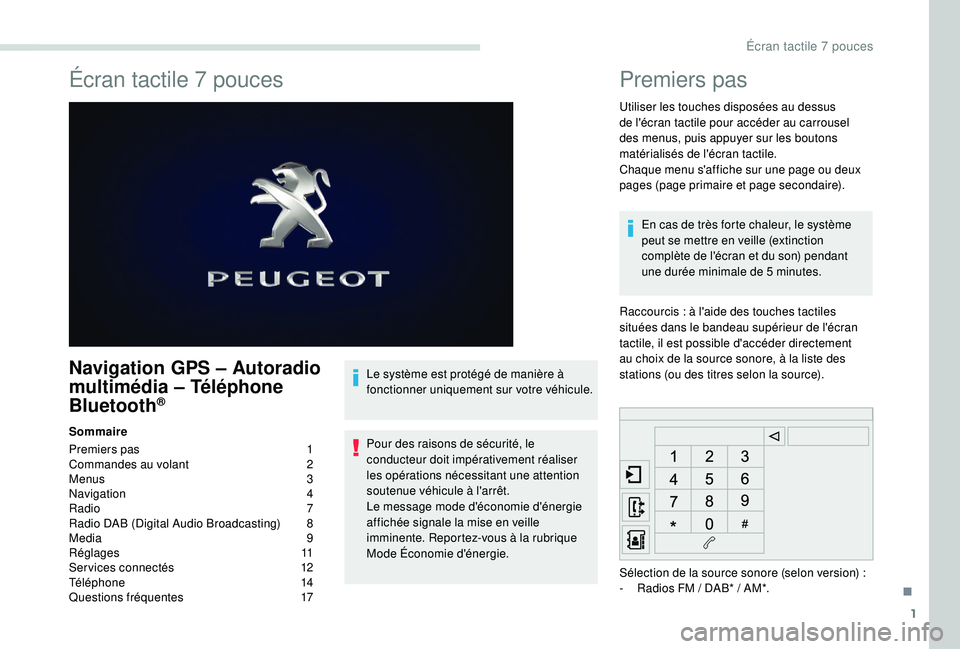 PEUGEOT PARTNER TEPEE ELECTRIC 2017  Manuel du propriétaire (in French) 1
Écran tactile 7 pouces
Navigation GPS – Autoradio 
m ultimédia   – Téléphone 
Bluetooth
®
Sommaire
Premiers pas 
 
1
C

ommandes au volant   
2
M

enus   
3
N

avigation   
4
R

adio   
7
R