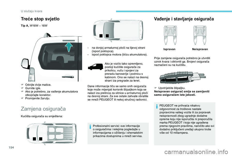 PEUGEOT PARTNER TEPEE ELECTRIC 2017  Upute Za Rukovanje (in Croatian) 154
Treće stop svjetlo
Tip A, W16W – 16W
F 
O
 dvijte dvije matice.
F
 
G
 urnite igle.
F
 
A
 ko je potrebno, za vađenje akumulatora 
otkopčajte konektor.
F
 
P
 romijenite žarulju.
Zamjena osi