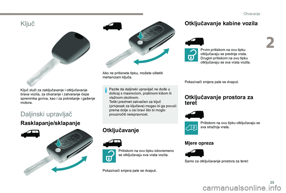 PEUGEOT PARTNER TEPEE ELECTRIC 2017  Upute Za Rukovanje (in Croatian) 25
Ključ
Ključ služi za zaključavanje i otključavanje 
brava vozila, za otvaranje i zatvaranje čepa 
spremnika goriva, kao i za pokretanje i gašenje 
motora.
Daljinski upravljač
Rasklapanje/sk