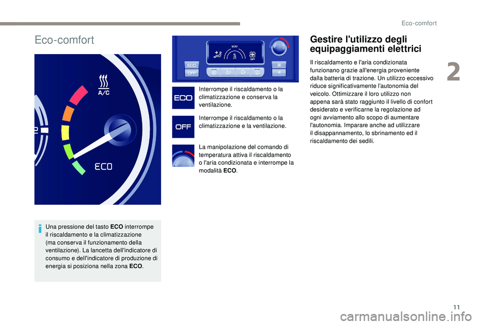 PEUGEOT PARTNER TEPEE ELECTRIC 2017 Manuale duso (in Italian) 11
Eco-comfort
Una pressione del tasto ECO interrompe
il riscaldamento e la climatizzazione
(ma conser va il funzionamento della
ventilazione). La lancetta dell'indicatore di
consumo e dell PEUGEOT PARTNER TEPEE ELECTRIC 2017 Manuale duso (in Italian) 11
Eco-comfort
Una pressione del tasto ECO interrompe
il riscaldamento e la climatizzazione
(ma conser va il funzionamento della
ventilazione). La lancetta dell'indicatore di
consumo e dell