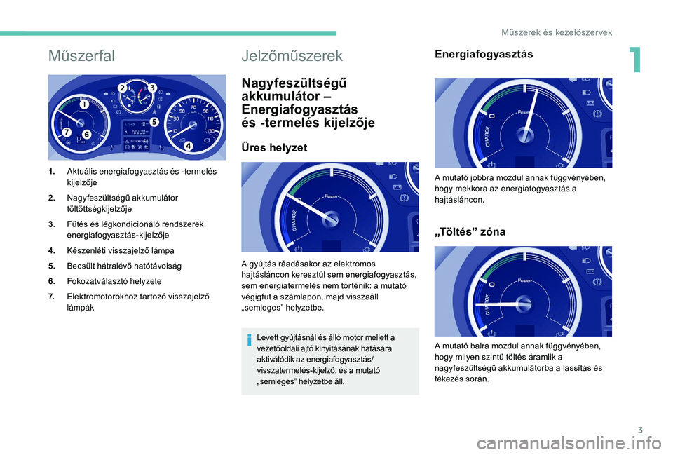 PEUGEOT PARTNER TEPEE ELECTRIC 2017  Kezelési útmutató (in Hungarian) 3
Műszer fal
1.Aktuális energiafogyasztás és -termelés 
kijelzője
2. Nagyfeszültségű akkumulátor 
töltöttségkijelzője
3. Fűtés és légkondicionáló rendszerek 
energiafogyasztás-kij