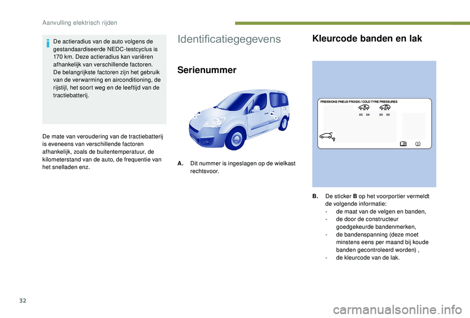 PEUGEOT PARTNER TEPEE ELECTRIC 2017 Instructieboekje (in Dutch) 32
De actieradius van de auto volgens de
gestandaardiseerde NEDC-testcyclus is
170 km. Deze actieradius kan variëren
afhankelijk van verschillende factoren.
De belangrijkste factoren zijn het ge PEUGEOT PARTNER TEPEE ELECTRIC 2017 Instructieboekje (in Dutch) 32
De actieradius van de auto volgens de
gestandaardiseerde NEDC-testcyclus is
170 km. Deze actieradius kan variëren
afhankelijk van verschillende factoren.
De belangrijkste factoren zijn het ge
