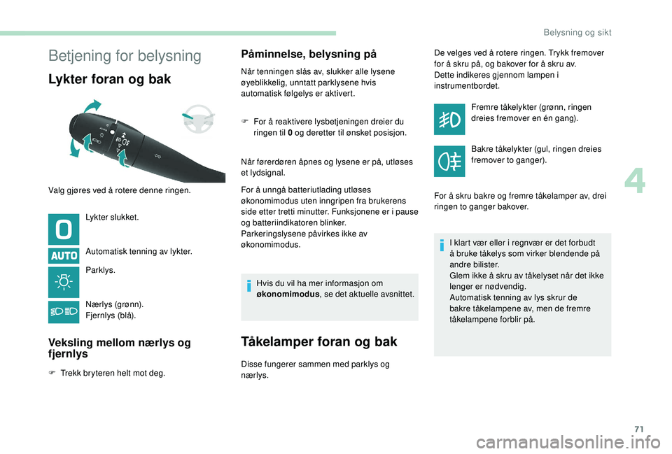 PEUGEOT PARTNER TEPEE ELECTRIC 2017 Instruksjoner for bruk (in Norwegian) 71
Betjening for belysning
Lykter foran og bak
Lykter slukket.
Automatisk tenning av lykter.
Parklys.
Nærlys (grønn).
Fjernlys (blå).
Veksling mellom nærlys og
fjernlys
F Trekk bryteren helt mot PEUGEOT PARTNER TEPEE ELECTRIC 2017 Instruksjoner for bruk (in Norwegian) 71
Betjening for belysning
Lykter foran og bak
Lykter slukket.
Automatisk tenning av lykter.
Parklys.
Nærlys (grønn).
Fjernlys (blå).
Veksling mellom nærlys og
fjernlys
F Trekk bryteren helt mot