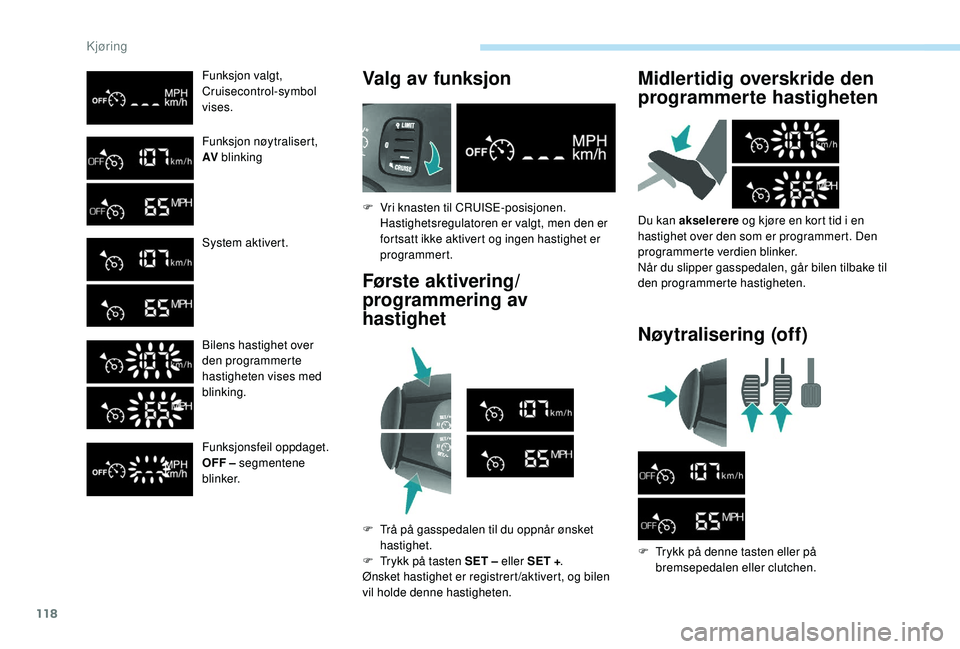 PEUGEOT PARTNER TEPEE ELECTRIC 2017 Instruksjoner for bruk (in Norwegian) 118
Funksjon valgt,
Cruisecontrol-symbol
vises.
Funksjon nøytralisert,
AV blinking
System aktivert.
Bilens hastighet over
den programmerte
hastigheten vises med
blinking.
Funksjonsfeil oppdaget.
O PEUGEOT PARTNER TEPEE ELECTRIC 2017 Instruksjoner for bruk (in Norwegian) 118
Funksjon valgt,
Cruisecontrol-symbol
vises.
Funksjon nøytralisert,
AV blinking
System aktivert.
Bilens hastighet over
den programmerte
hastigheten vises med
blinking.
Funksjonsfeil oppdaget.
O