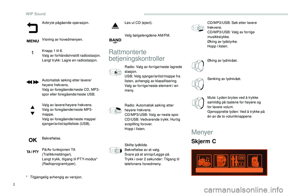 PEUGEOT PARTNER TEPEE ELECTRIC 2017 Instruksjoner for bruk (in Norwegian) 2
Avbryte pågående operasjon.
Visning av hovedmenyen.
Knapp 1 til 6.
Valg av forhåndsinnstilt radiostasjon.
Langt trykk: Lagre en radiostasjon.
Automatisk søking etter lavere/
høyere frekvens.
Va PEUGEOT PARTNER TEPEE ELECTRIC 2017 Instruksjoner for bruk (in Norwegian) 2
Avbryte pågående operasjon.
Visning av hovedmenyen.
Knapp 1 til 6.
Valg av forhåndsinnstilt radiostasjon.
Langt trykk: Lagre en radiostasjon.
Automatisk søking etter lavere/
høyere frekvens.
Va
