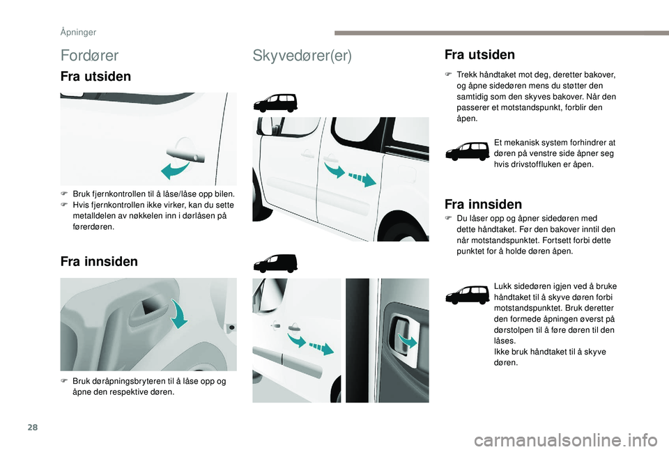 PEUGEOT PARTNER TEPEE ELECTRIC 2017 Instruksjoner for bruk (in Norwegian) 28
Fordører
Fra utsiden
Fra innsiden
Skyvedører(er)Fra utsiden
F Trekk håndtaket mot deg, deretter bakover, og åpne sidedøren mens du støtter den
samtidig som den skyves bakover. NÃ¥r den
pass PEUGEOT PARTNER TEPEE ELECTRIC 2017 Instruksjoner for bruk (in Norwegian) 28
Fordører
Fra utsiden
Fra innsiden
Skyvedører(er)Fra utsiden
F Trekk håndtaket mot deg, deretter bakover, og åpne sidedøren mens du støtter den
samtidig som den skyves bakover. NÃ¥r den
pass
