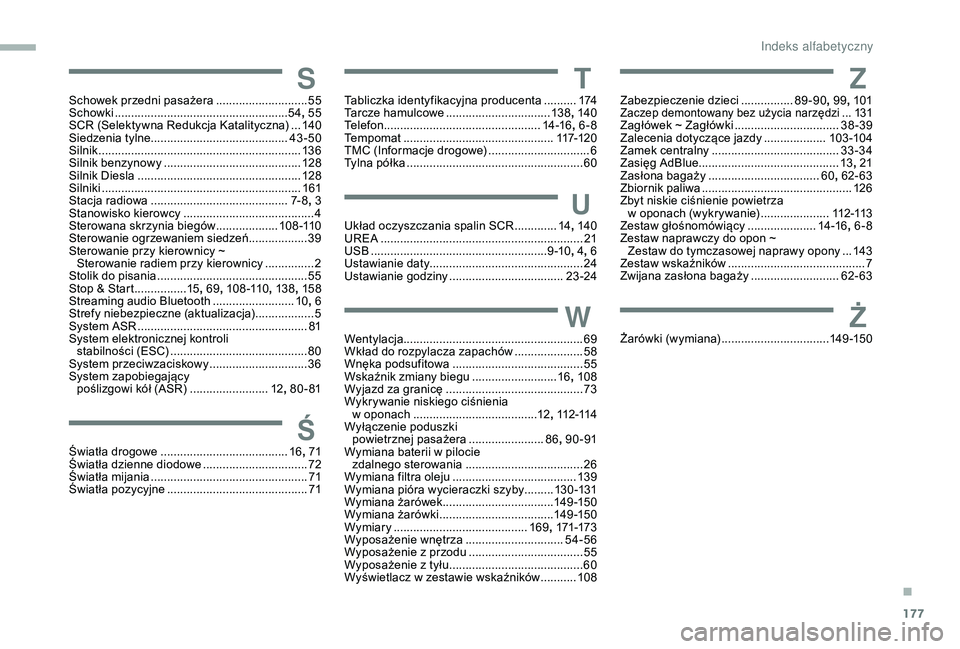 PEUGEOT PARTNER TEPEE ELECTRIC 2017  Instrukcja obsługi (in Polish) 177
SSchowek przedni pasażera ............................55
S chowki ............................... ......................54, 55
SCR (Selektywna Redukcja Katalityczna)
 
...14
0
Siedzenia tylne... PEUGEOT PARTNER TEPEE ELECTRIC 2017  Instrukcja obsługi (in Polish) 177
SSchowek przedni pasażera ............................55
S chowki ............................... ......................54, 55
SCR (Selektywna Redukcja Katalityczna)
 
...14
0
Siedzenia tylne...