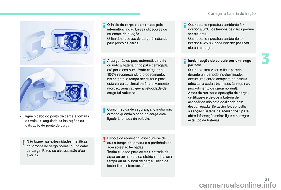 PEUGEOT PARTNER TEPEE ELECTRIC 2017 Manual de utilização (in Portuguese) 23
Não toque nas extremidades metálicas
da tomada de carga normal ou do cabo
de carga. Risco de eletrocussão e/ou
avarias.O início da carga é confirmado pela
intermitência das luzes indicado PEUGEOT PARTNER TEPEE ELECTRIC 2017 Manual de utilização (in Portuguese) 23
Não toque nas extremidades metálicas
da tomada de carga normal ou do cabo
de carga. Risco de eletrocussão e/ou
avarias.O início da carga é confirmado pela
intermitência das luzes indicado