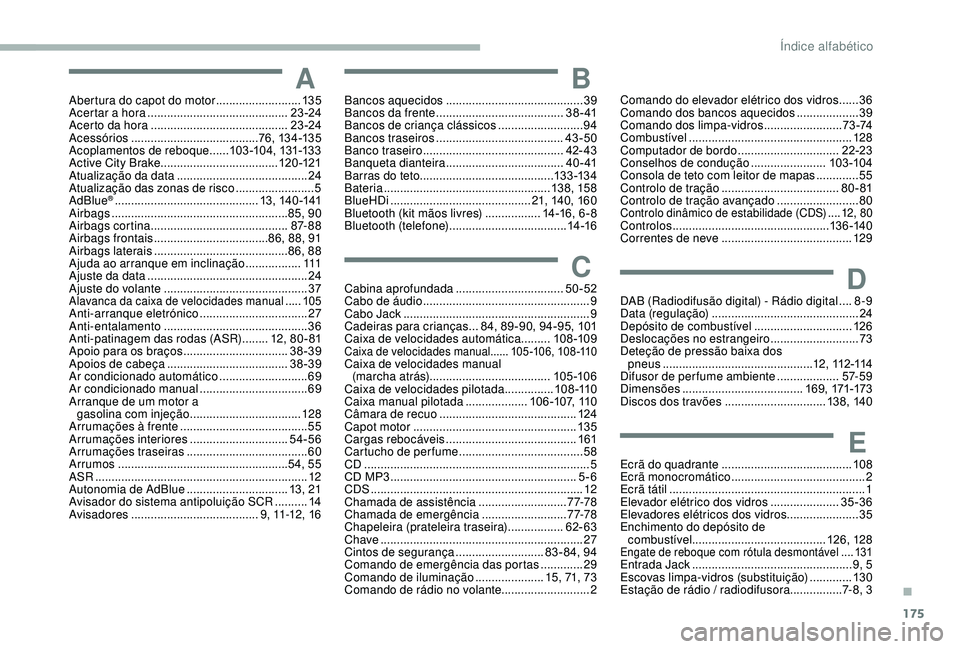 PEUGEOT PARTNER TEPEE ELECTRIC 2017 Manual de utilização (in Portuguese) 175175
AAbertura do capot do motor ..........................13 5
Acertar a hora ........................................... 23 -24
Acerto da hora
.......................................... 23 -24 PEUGEOT PARTNER TEPEE ELECTRIC 2017 Manual de utilização (in Portuguese) 175175
AAbertura do capot do motor ..........................13 5
Acertar a hora ........................................... 23 -24
Acerto da hora
.......................................... 23 -24