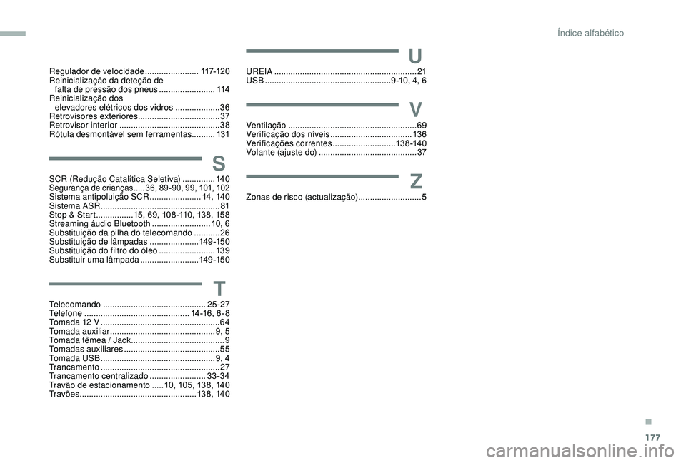 PEUGEOT PARTNER TEPEE ELECTRIC 2017 Manual de utilização (in Portuguese) 177177
Regulador de velocidade .......................11 7-12 0
Reinicialização da deteção de falta de pressão dos pneus
........................114
Reinicialização dos elevadores elétrico PEUGEOT PARTNER TEPEE ELECTRIC 2017 Manual de utilização (in Portuguese) 177177
Regulador de velocidade .......................11 7-12 0
Reinicialização da deteção de falta de pressão dos pneus
........................114
Reinicialização dos elevadores elétrico