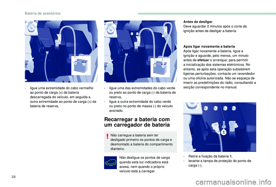 PEUGEOT PARTNER TEPEE ELECTRIC 2017 Manual de utilização (in Portuguese) 28
Recarregar a bateria com
um carregador de bateria
Não carregue a bateria sem ter
desligado primeiro os pontos de carga e
desmontado a bateria do compartimento
dianteiro.Não desligue os pontos PEUGEOT PARTNER TEPEE ELECTRIC 2017 Manual de utilização (in Portuguese) 28
Recarregar a bateria com
um carregador de bateria
Não carregue a bateria sem ter
desligado primeiro os pontos de carga e
desmontado a bateria do compartimento
dianteiro.Não desligue os pontos