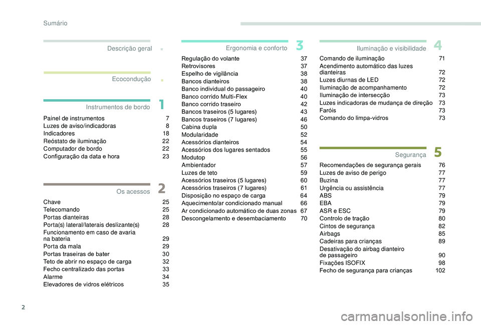 PEUGEOT PARTNER TEPEE ELECTRIC 2017  Manual de utilização (in Portuguese) 2
.
.
Painel de instrumentos 7
L uzes de aviso/indicadoras 8
In
dicadores
 1
 8
Reóstato de iluminação
 
2
 2
Computador de bordo
 
2
 2
Configuração da data e hora
 
2
 3
Chave
 

25
Telecomando