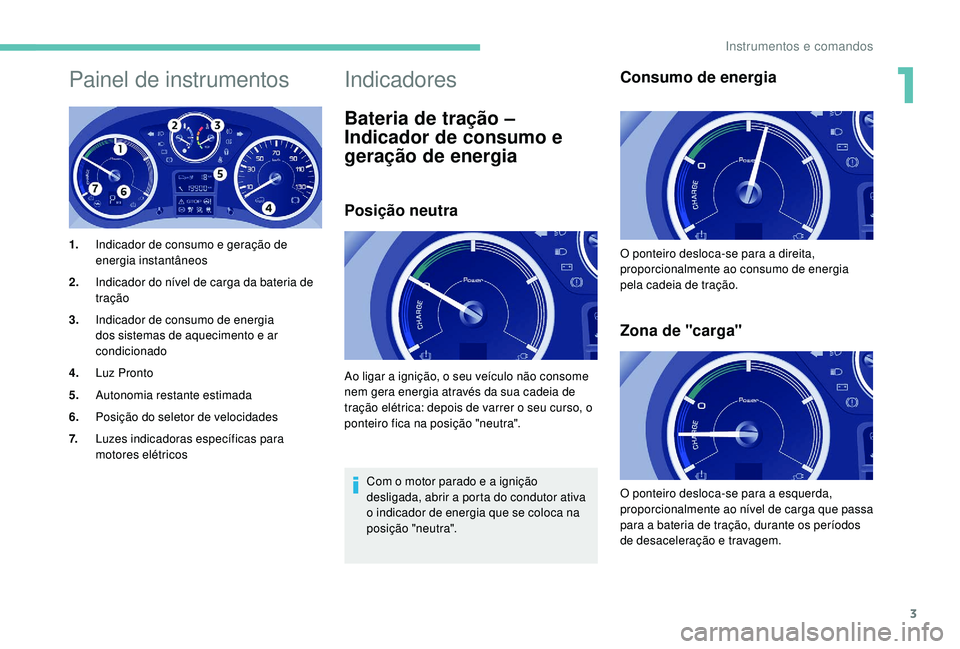 PEUGEOT PARTNER TEPEE ELECTRIC 2017  Manual de utilização (in Portuguese) 3
Painel de instrumentos
1.Indicador de consumo e geração de 
energia instantâneos
2. Indicador do nível de carga da bateria de 
tração
3. Indicador de consumo de energia 
dos sistemas de aqueci