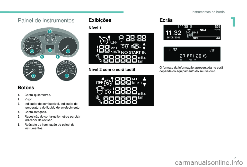 PEUGEOT PARTNER TEPEE ELECTRIC 2017 Manual de utilização (in Portuguese) 7
Painel de instrumentos
Botões
1.Conta-quilómetros.
2. Visor.
3. Indicador de combustível, indicador de
temperatura do líquido de arrefecimento.
4. Conta-rotações.
5. Reposição do conta-quil PEUGEOT PARTNER TEPEE ELECTRIC 2017 Manual de utilização (in Portuguese) 7
Painel de instrumentos
Botões
1.Conta-quilómetros.
2. Visor.
3. Indicador de combustível, indicador de
temperatura do líquido de arrefecimento.
4. Conta-rotações.
5. Reposição do conta-quil