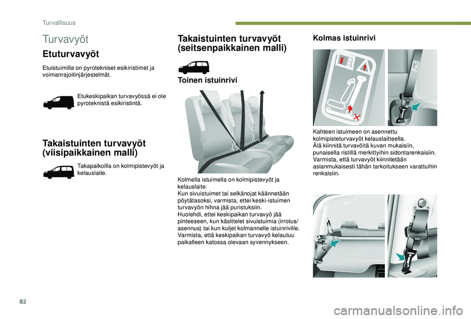 PEUGEOT PARTNER TEPEE ELECTRIC 2017 Omistajan Käsikirja (in Finnish) 82
Takaistuinten turvavyöt
(viisipaikkainen malli)
Takapaikoilla on kolmipistevyöt ja
kelauslaite.
Takaistuinten turvavyöt
(seitsenpaikkainen malli)
Toinen istuinriviKolmas istuinrivi
Kolmella i PEUGEOT PARTNER TEPEE ELECTRIC 2017 Omistajan Käsikirja (in Finnish) 82
Takaistuinten turvavyöt
(viisipaikkainen malli)
Takapaikoilla on kolmipistevyöt ja
kelauslaite.
Takaistuinten turvavyöt
(seitsenpaikkainen malli)
Toinen istuinriviKolmas istuinrivi
Kolmella i