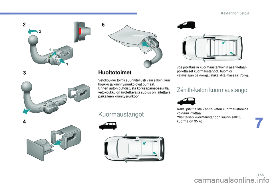 PEUGEOT PARTNER TEPEE ELECTRIC 2017 Omistajan Käsikirja (in Finnish) 133
Huoltotoimet
Vetokoukku toimii suunnitellusti vain silloin, kun
koukku ja kiinnitysrunko ovat puhtaat.
Ennen auton puhdistusta korkeapainepesurilla,
vetokoukku on irrotettava ja suojus on laitet PEUGEOT PARTNER TEPEE ELECTRIC 2017 Omistajan Käsikirja (in Finnish) 133
Huoltotoimet
Vetokoukku toimii suunnitellusti vain silloin, kun
koukku ja kiinnitysrunko ovat puhtaat.
Ennen auton puhdistusta korkeapainepesurilla,
vetokoukku on irrotettava ja suojus on laitet