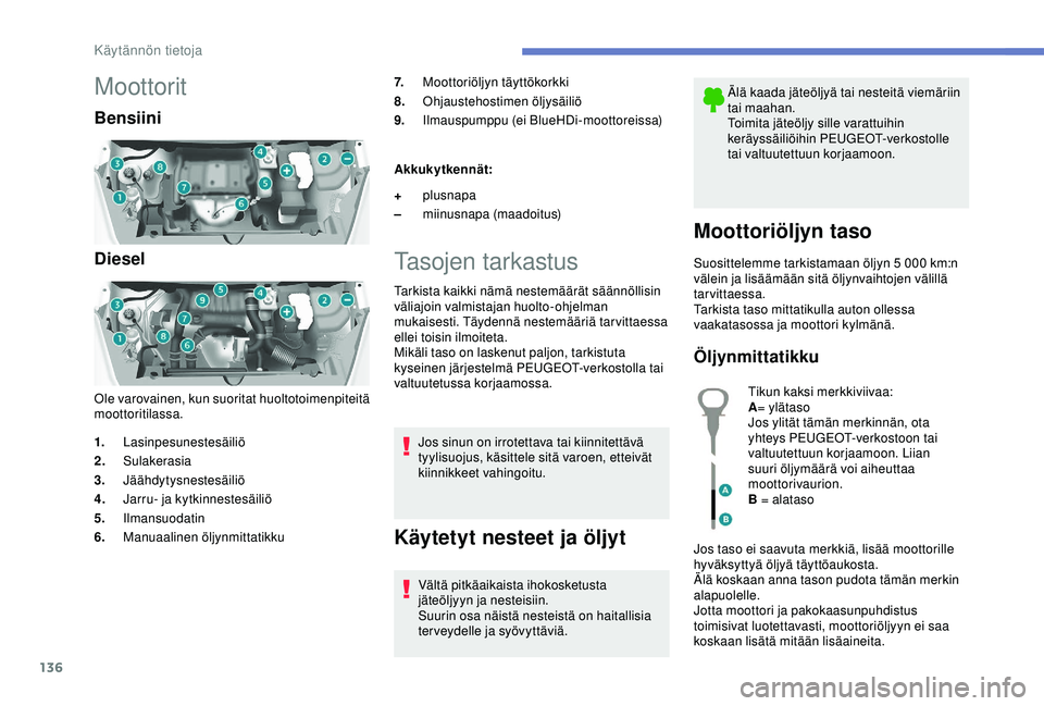 PEUGEOT PARTNER TEPEE ELECTRIC 2017 Omistajan Käsikirja (in Finnish) 136
Moottorit
Bensiini
Diesel
Ole varovainen, kun suoritat huoltotoimenpiteitä
moottoritilassa.7.
Moottoriöljyn täyttökorkki
8. Ohjaustehostimen öljysäiliö
9. Ilmauspumppu (ei BlueHDi-moottore PEUGEOT PARTNER TEPEE ELECTRIC 2017 Omistajan Käsikirja (in Finnish) 136
Moottorit
Bensiini
Diesel
Ole varovainen, kun suoritat huoltotoimenpiteitä
moottoritilassa.7.
Moottoriöljyn täyttökorkki
8. Ohjaustehostimen öljysäiliö
9. Ilmauspumppu (ei BlueHDi-moottore