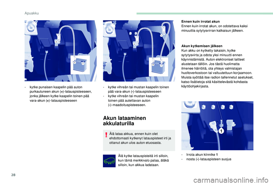 PEUGEOT PARTNER TEPEE ELECTRIC 2017 Omistajan Käsikirja (in Finnish) 28
Akun lataaminen
akkulaturilla
Älä lataa akkua, ennen kuin olet
ehdottomasti kytkenyt latauspisteet irti ja
ottanut akun ulos auton etuosasta.Älä kytke latauspisteitä irti silloin,
kun täm PEUGEOT PARTNER TEPEE ELECTRIC 2017 Omistajan Käsikirja (in Finnish) 28
Akun lataaminen
akkulaturilla
Älä lataa akkua, ennen kuin olet
ehdottomasti kytkenyt latauspisteet irti ja
ottanut akun ulos auton etuosasta.Älä kytke latauspisteitä irti silloin,
kun täm