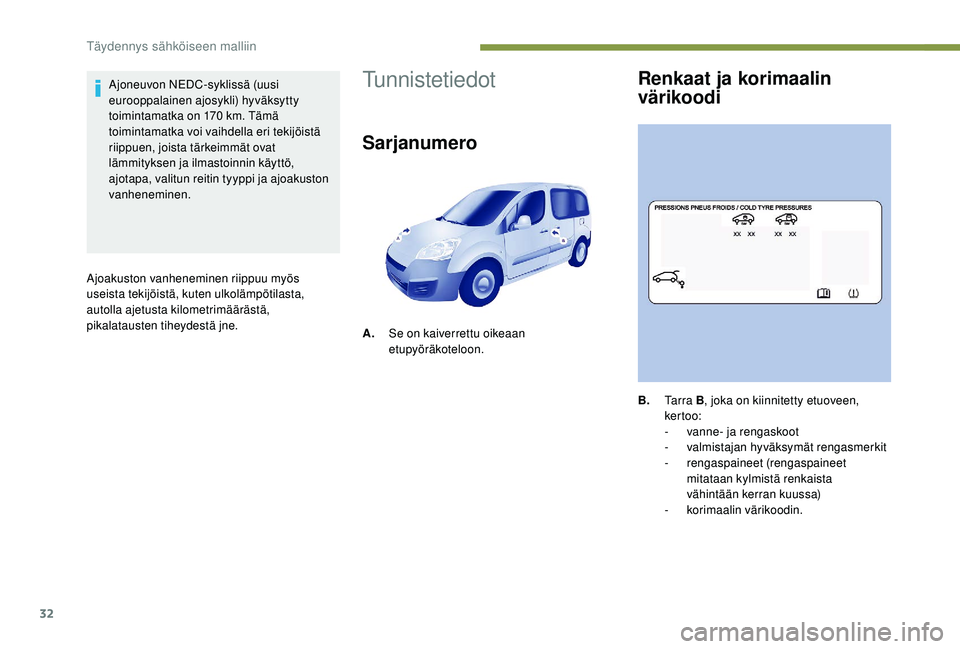 PEUGEOT PARTNER TEPEE ELECTRIC 2017 Omistajan Käsikirja (in Finnish) 32
Ajoneuvon NEDC-syklissä (uusi
eurooppalainen ajosykli) hyväksytty
toimintamatka on 170 km. Tämä
toimintamatka voi vaihdella eri tekijöistä
riippuen, joista tärkeimmät ovat
lämmitykse PEUGEOT PARTNER TEPEE ELECTRIC 2017 Omistajan Käsikirja (in Finnish) 32
Ajoneuvon NEDC-syklissä (uusi
eurooppalainen ajosykli) hyväksytty
toimintamatka on 170 km. Tämä
toimintamatka voi vaihdella eri tekijöistä
riippuen, joista tärkeimmät ovat
lämmitykse