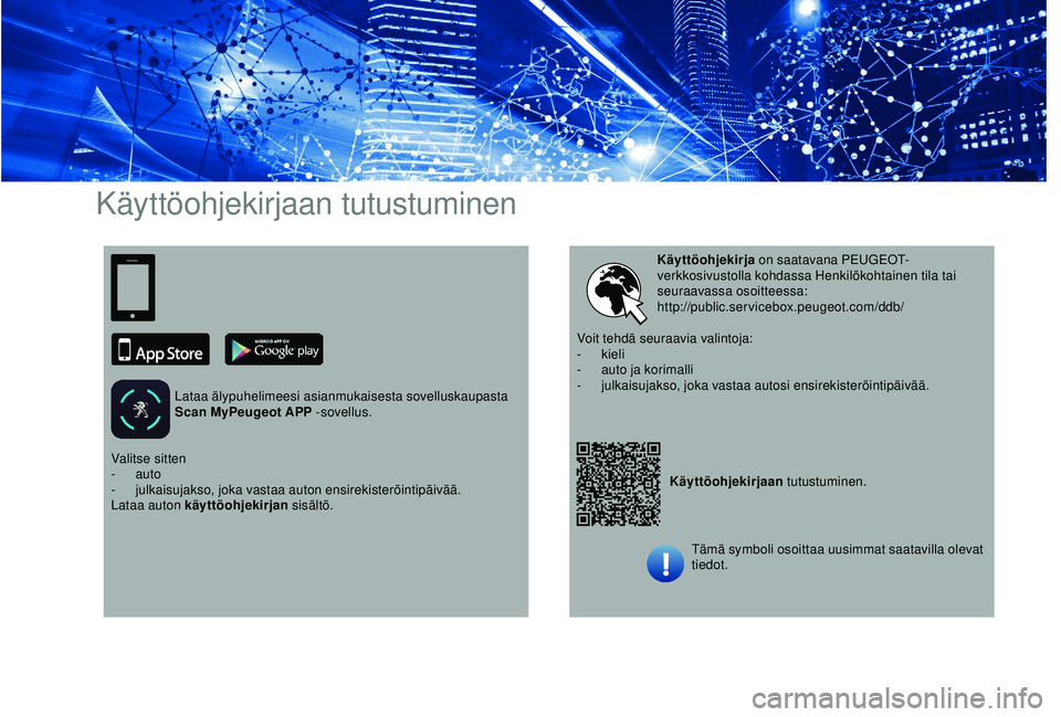 PEUGEOT PARTNER TEPEE ELECTRIC 2017 Omistajan Käsikirja (in Finnish) Käyttöohjekirjaan tutustuminen
Lataa älypuhelimeesi asianmukaisesta sovelluskaupasta
Scan MyPeugeot APP -sovellus.
Käyttöohjekirjaan tutustuminen.
Käyttöohjekirja
on saatavana PEUGEOT-
verkko PEUGEOT PARTNER TEPEE ELECTRIC 2017 Omistajan Käsikirja (in Finnish) Käyttöohjekirjaan tutustuminen
Lataa älypuhelimeesi asianmukaisesta sovelluskaupasta
Scan MyPeugeot APP -sovellus.
Käyttöohjekirjaan tutustuminen.
Käyttöohjekirja
on saatavana PEUGEOT-
verkko