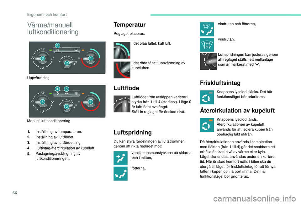 PEUGEOT PARTNER TEPEE ELECTRIC 2017  Bruksanvisningar (in Swedish) 66
1.Inställning av temperaturen.
2. Inställning av luftflödet.
3. Inställning av luftfördelning.
4. Luftintag/återcirkulation av kupéluft.
5. Påslagning/avstängning av 
luftkonditioneringen.