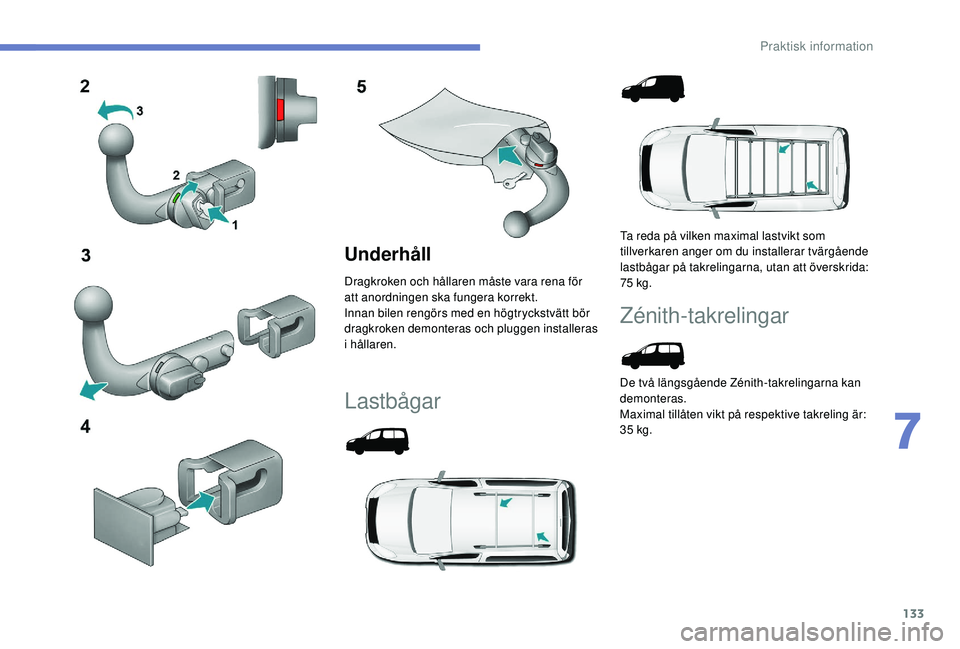 PEUGEOT PARTNER TEPEE ELECTRIC 2017 Bruksanvisningar (in Swedish) 133
Underhåll
Dragkroken och hållaren måste vara rena för
att anordningen ska fungera korrekt.
Innan bilen rengörs med en högtryckstvätt bör
dragkroken demonteras och pluggen installeras
i PEUGEOT PARTNER TEPEE ELECTRIC 2017 Bruksanvisningar (in Swedish) 133
Underhåll
Dragkroken och hållaren måste vara rena för
att anordningen ska fungera korrekt.
Innan bilen rengörs med en högtryckstvätt bör
dragkroken demonteras och pluggen installeras
i