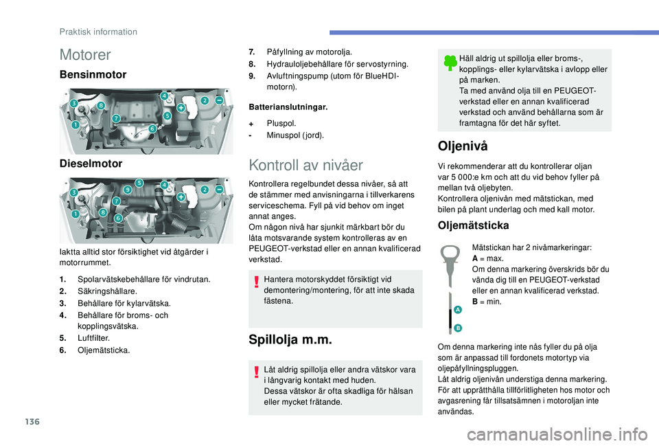 PEUGEOT PARTNER TEPEE ELECTRIC 2017 Bruksanvisningar (in Swedish) 136
Motorer
Bensinmotor
Dieselmotor
Iaktta alltid stor försiktighet vid åtgärder i
motorrummet.7.
PÃ¥fyllning av motorolja.
8. Hydrauloljebehållare för servostyrning.
9. Avluftningspump (utom fà PEUGEOT PARTNER TEPEE ELECTRIC 2017 Bruksanvisningar (in Swedish) 136
Motorer
Bensinmotor
Dieselmotor
Iaktta alltid stor försiktighet vid åtgärder i
motorrummet.7.
PÃ¥fyllning av motorolja.
8. Hydrauloljebehållare för servostyrning.
9. Avluftningspump (utom fÃ