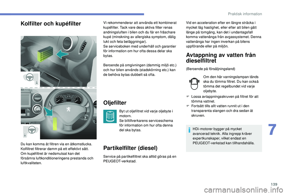 PEUGEOT PARTNER TEPEE ELECTRIC 2017 Bruksanvisningar (in Swedish) 139
Kolfilter och kupéfilterOljefilter
Byt ut oljefiltret vid varje oljebyte i
motorn.
Se biltillverkarens serviceschema
för information om hur ofta denna
del ska bytas.
Partikelfilter (diesel)
S PEUGEOT PARTNER TEPEE ELECTRIC 2017 Bruksanvisningar (in Swedish) 139
Kolfilter och kupéfilterOljefilter
Byt ut oljefiltret vid varje oljebyte i
motorn.
Se biltillverkarens serviceschema
för information om hur ofta denna
del ska bytas.
Partikelfilter (diesel)
S