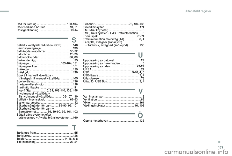 PEUGEOT PARTNER TEPEE ELECTRIC 2017  Bruksanvisningar (in Swedish) 177
Råd för körning .....................................10 3 -104
Räckvidd med AdBlue   ..............................13, 21
Röstigenkänning
 

........................................ 13 -14
S