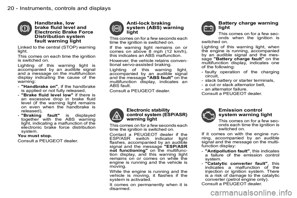 PEUGEOT PARTNER VP 2007 User Guide �I�n�s�t�r�u�m�e�n�t�s�,� �c�o�n�t�r�o�l�s� �a�n�d� �d�i�s�p�l�a�y�s�2�0 �-
�E�l�e�c�t�r�o�n�i�c� �s�t�a�b�i�l�i�t�y�  
�c�o�n�t�r�o�l� �s�y�s�t�e�m� �(�E�S�P�/�A�S�R�)� 
�w�a�r�n�i�n�g� �l�i�g�h�t
�T