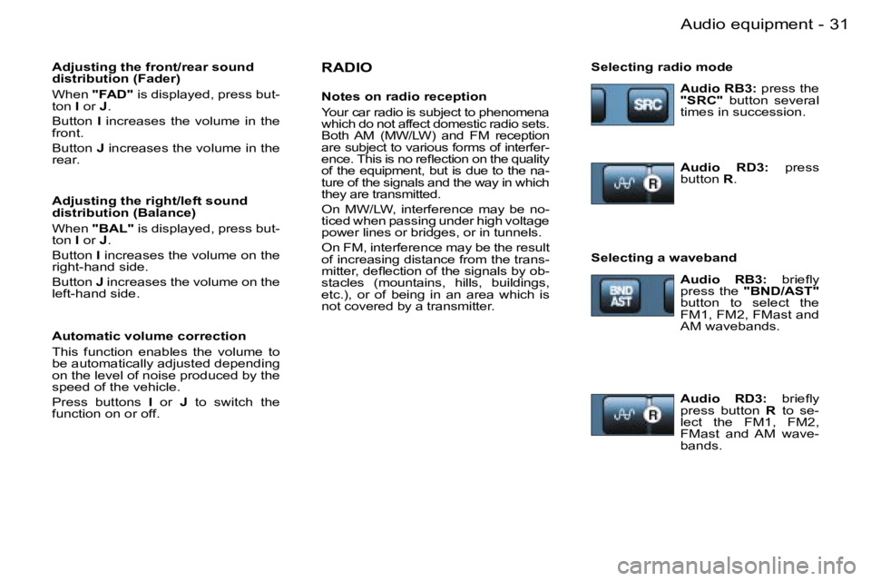 PEUGEOT PARTNER VP 2007 Owners Manual �3�1�A�u�d�i�o� �e�q�u�i�p�m�e�n�t�-
�R�A�D�I�O
�N�o�t�e�s� �o�n� �r�a�d�i�o� �r�e�c�e�p�t�i�o�n 
�Y�o�u�r� �c�a�r� �r�a�d�i�o� �i�s� �s�u�b�j�e�c�t� �t�o� �p�h�e�n�o�m�e�n�a�  
�w�h�i�c�h� �d�o� �n�o