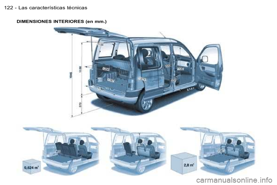 PEUGEOT PARTNER VP 2007  Manual del propietario (in Spanish) �L�a�s� �c�a�r�a�c�t�e�r�í�s�t�i�c�a�s� �t�é�c�n�i�c�a�s�1�2�2 �-
�D�I�M�E�N�S�I�O�N�E�S� �I�N�T�E�R�I�O�R�E�S� �(�e�n� �m�m�.�)  