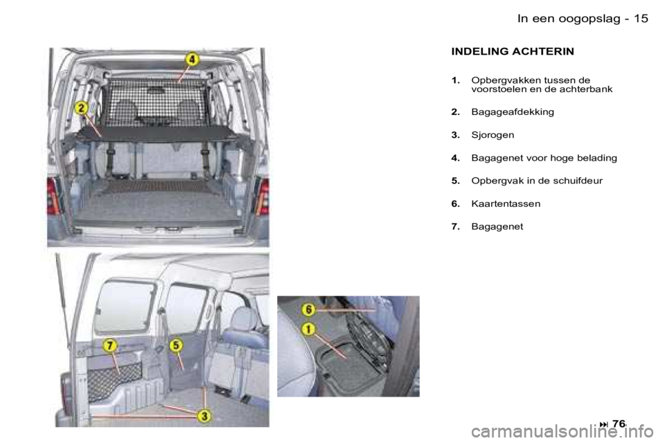 PEUGEOT PARTNER VP 2007  Instructieboekje (in Dutch) �1�5�I�n� �e�e�n� �o�o�g�o�p�s�l�a�g�-
�I�N�D�E�L�I�N�G� �A�C�H�T�E�R�I�N
�1�.� �O�p�b�e�r�g�v�a�k�k�e�n� �t�u�s�s�e�n� �d�e�  
�v�o�o�r�s�t�o�e�l�e�n� �e�n� �d�e� �a�c�h�t�e�r�b�a�n�k
�2�.�  �B�a�g�a